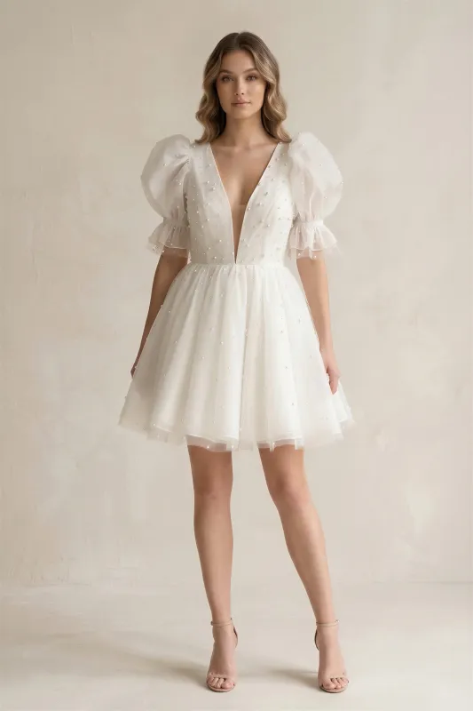 V-Neck A-Line Tulle Mini Wedding Dress With Pearl in Ivory made by KissProm