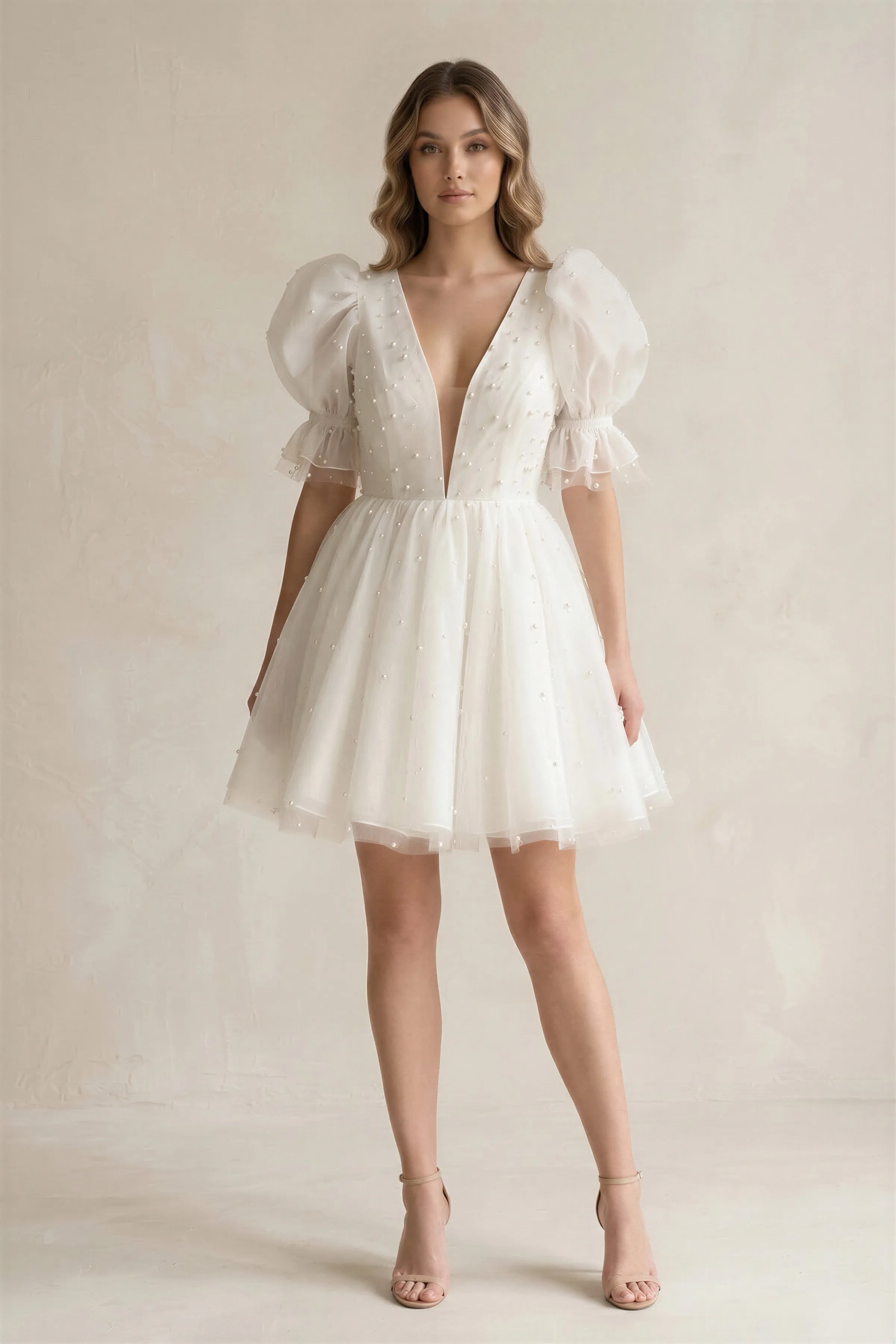 V-Neck A-Line Tulle Mini Wedding Dress With Pearl in Ivory sold by KissProm