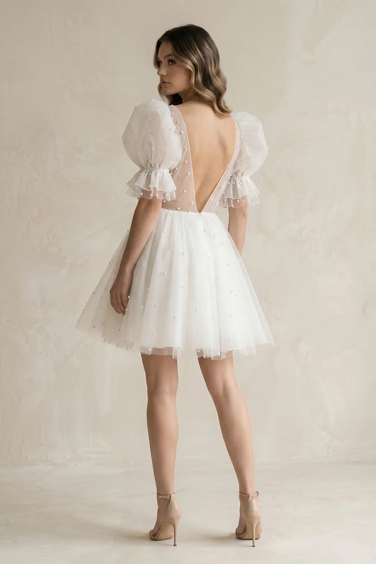 V-Neck A-Line Tulle Mini Wedding Dress With Pearl in Ivory sold by KissProm product image thumbnail 2