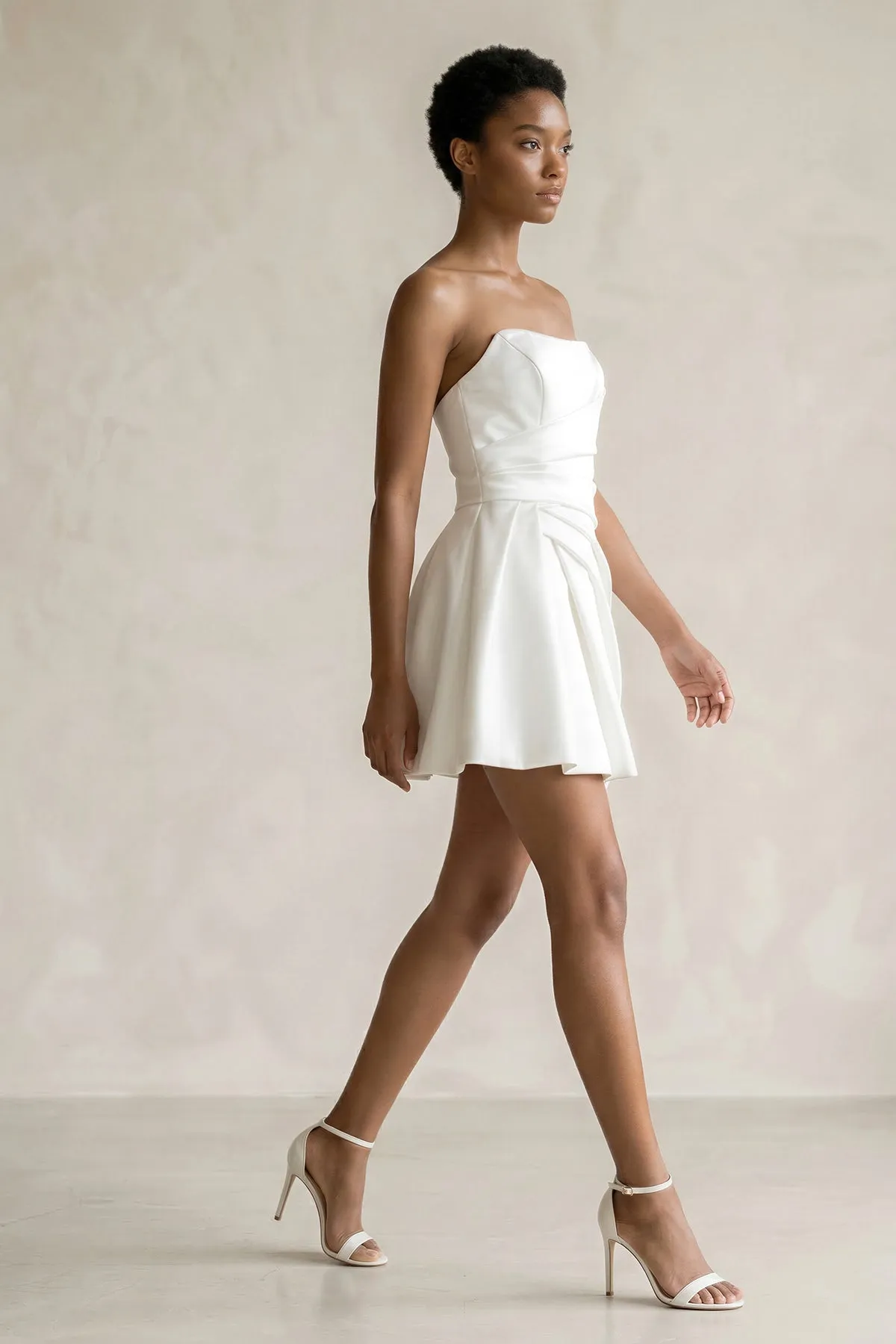 Ruched Strapless Satin Mini Wedding Dress in White sold by KissProm product image thumbnail 3