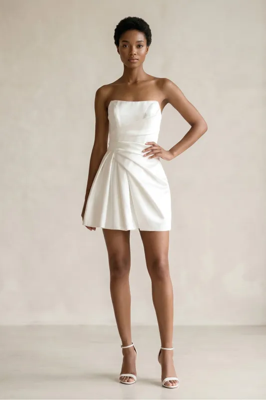 Ruched Strapless Satin Mini Wedding Dress in White made by KissProm