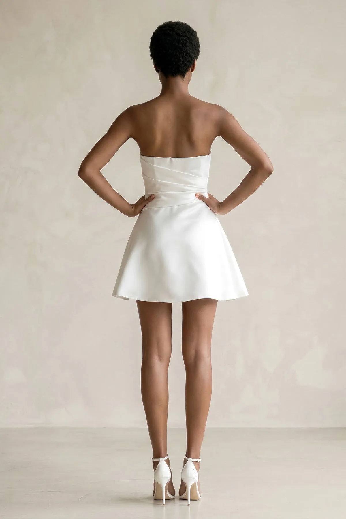 Ruched Strapless Satin Mini Wedding Dress in White sold by KissProm product image thumbnail 2