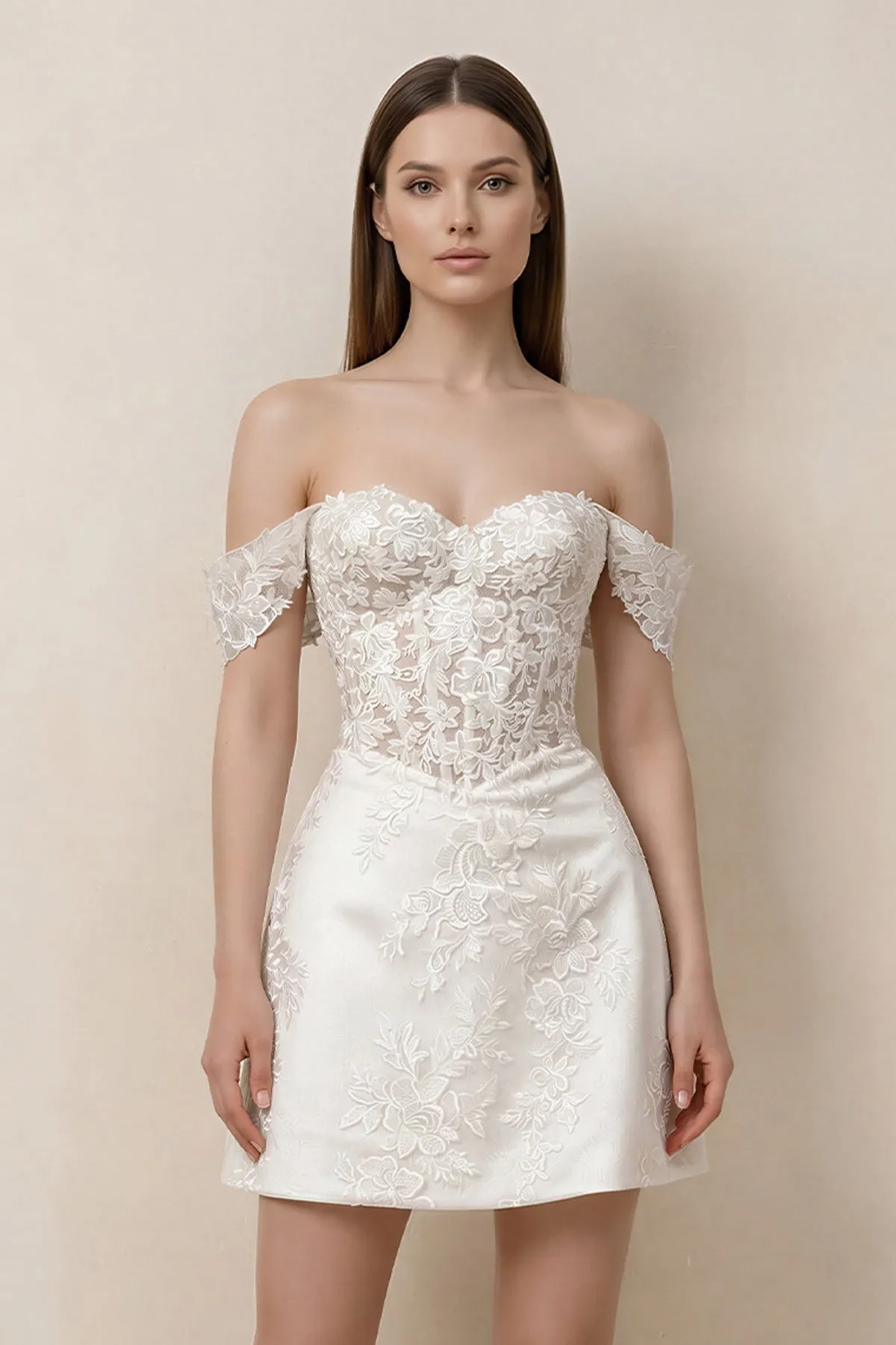 Lace Sheath A-Line Off-the-Shoulder Mini Wedding Dress in White sold by KissProm product image thumbnail 3