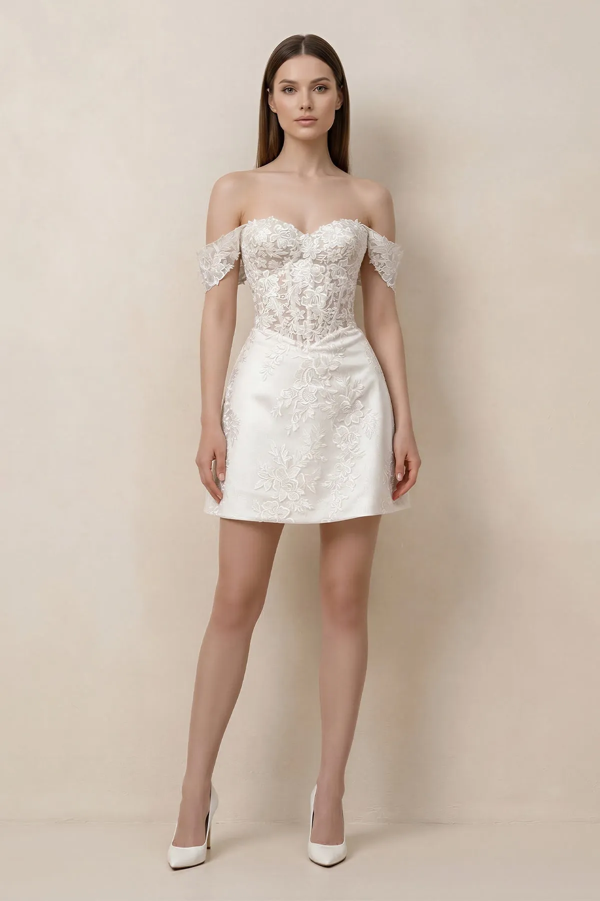 Lace Sheath A-Line Off-the-Shoulder Mini Wedding Dress in White sold by KissProm