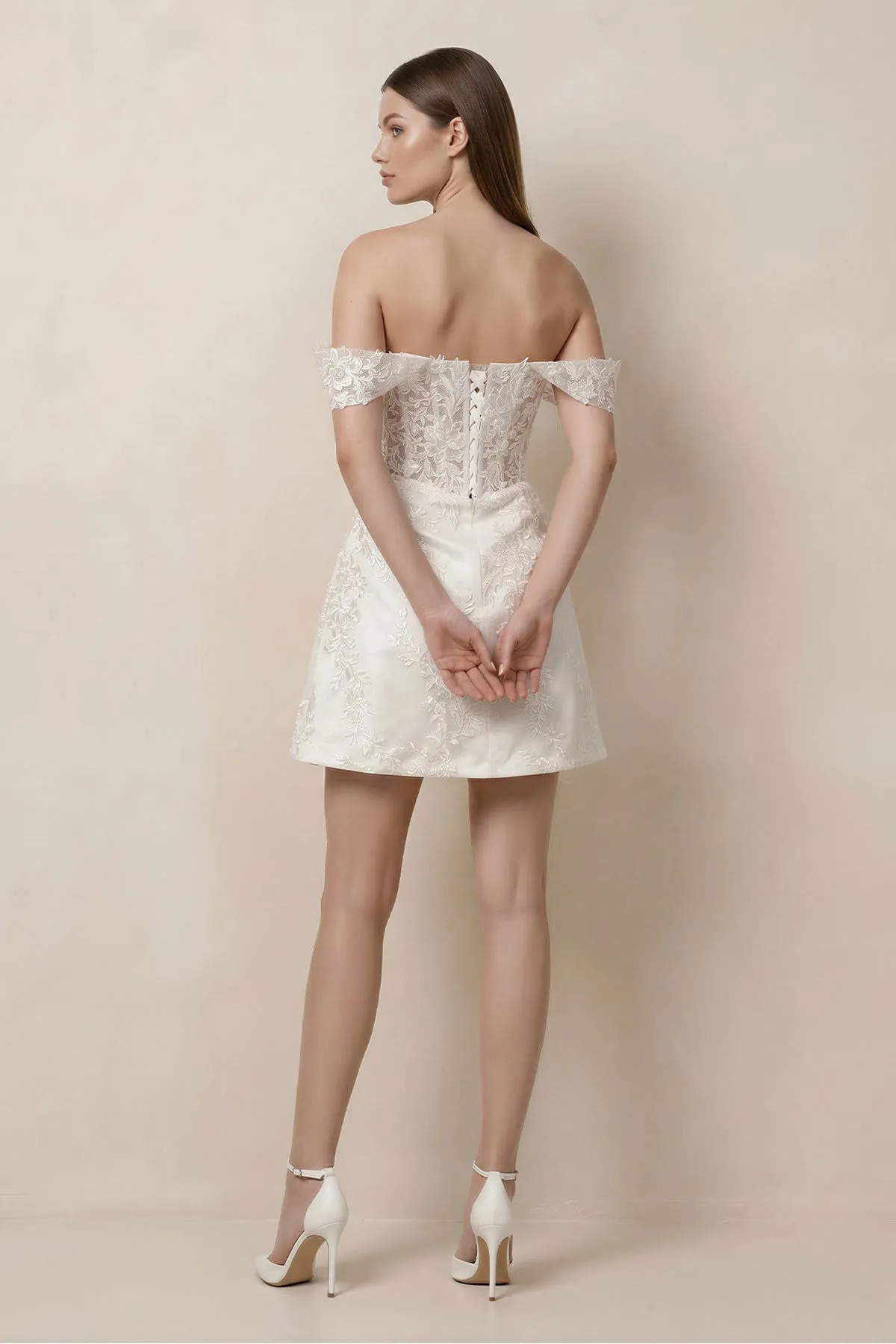 Lace Sheath A-Line Off-the-Shoulder Mini Wedding Dress in White sold by KissProm product image thumbnail 2
