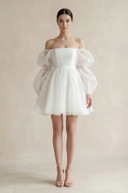 Ruffled Sleeves A-Line Tulle Mini Wedding Dress in White made by KissProm