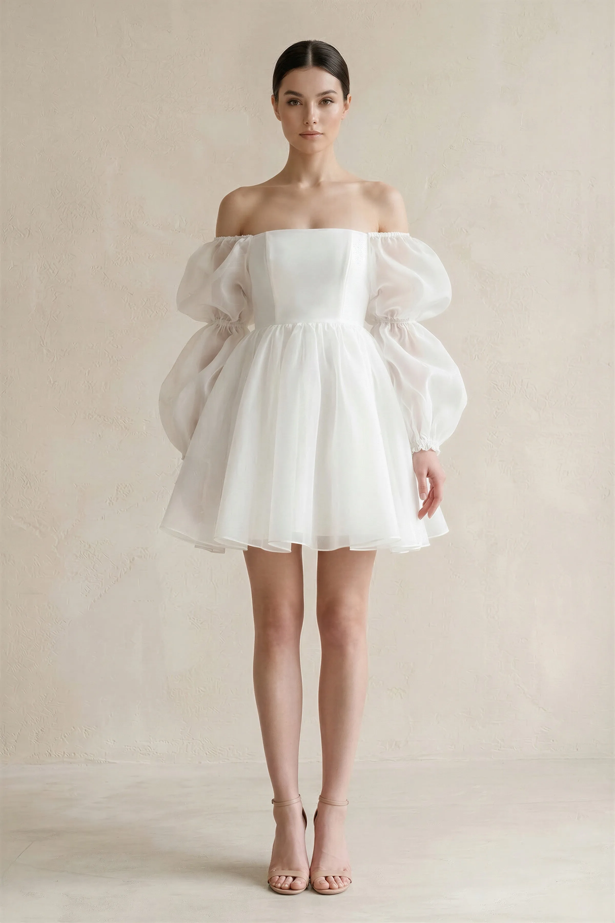 Ruffled Sleeves A-Line Tulle Mini Wedding Dress in White sold by KissProm