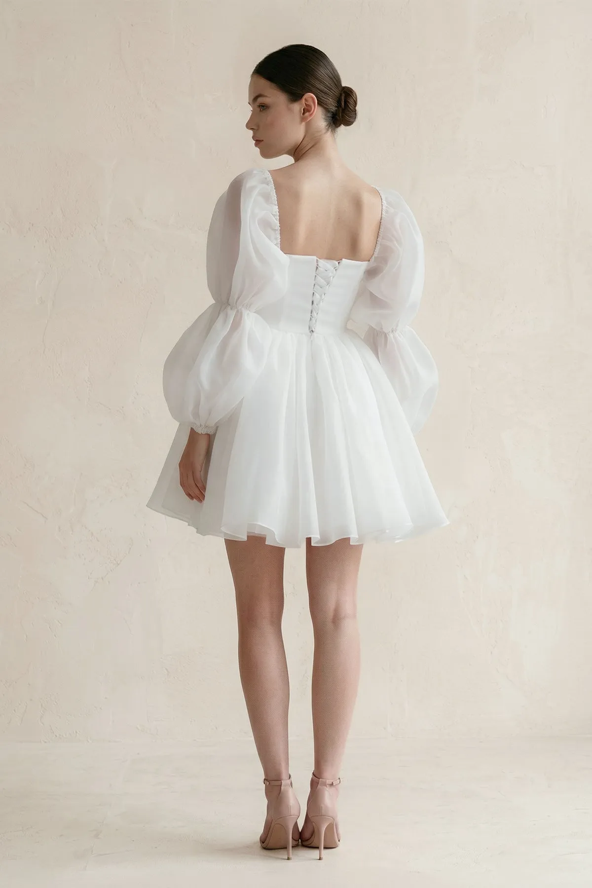 Ruffled Sleeves A-Line Tulle Mini Wedding Dress in White sold by KissProm product image thumbnail 2