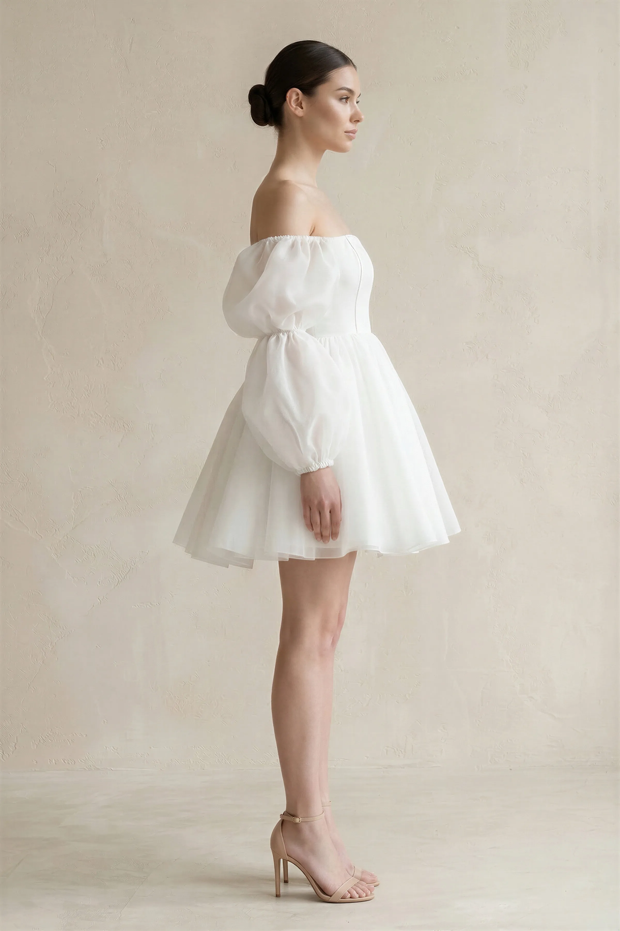 Ruffled Sleeves A-Line Tulle Mini Wedding Dress in White sold by KissProm product image thumbnail 3