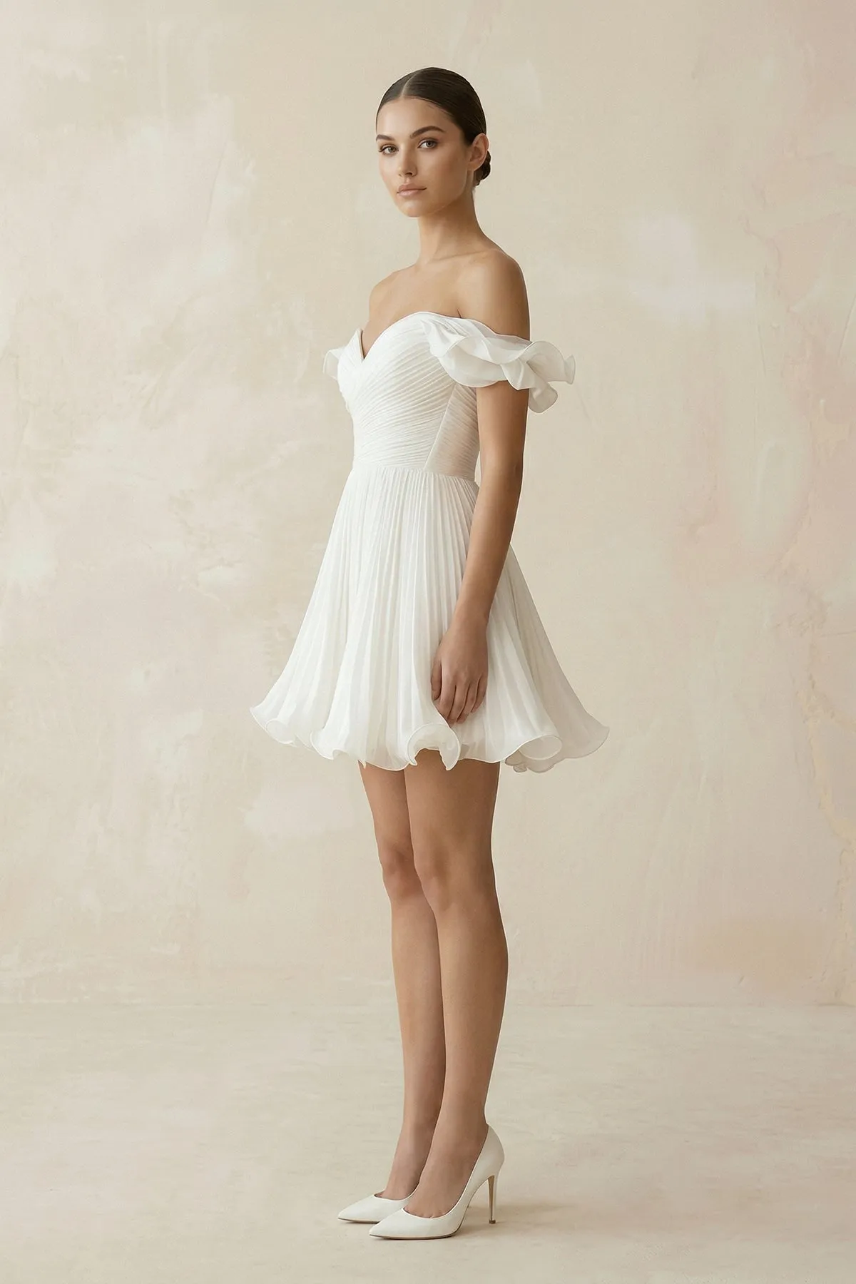 Pleated Ruffled Off-the-Shoulder A-Line Mini Wedding Dress in White sold by KissProm product image thumbnail 3