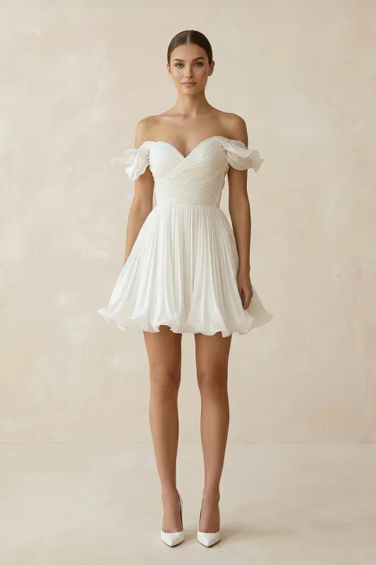 Pleated Ruffled Off-the-Shoulder A-Line Mini Wedding Dress in White made by KissProm