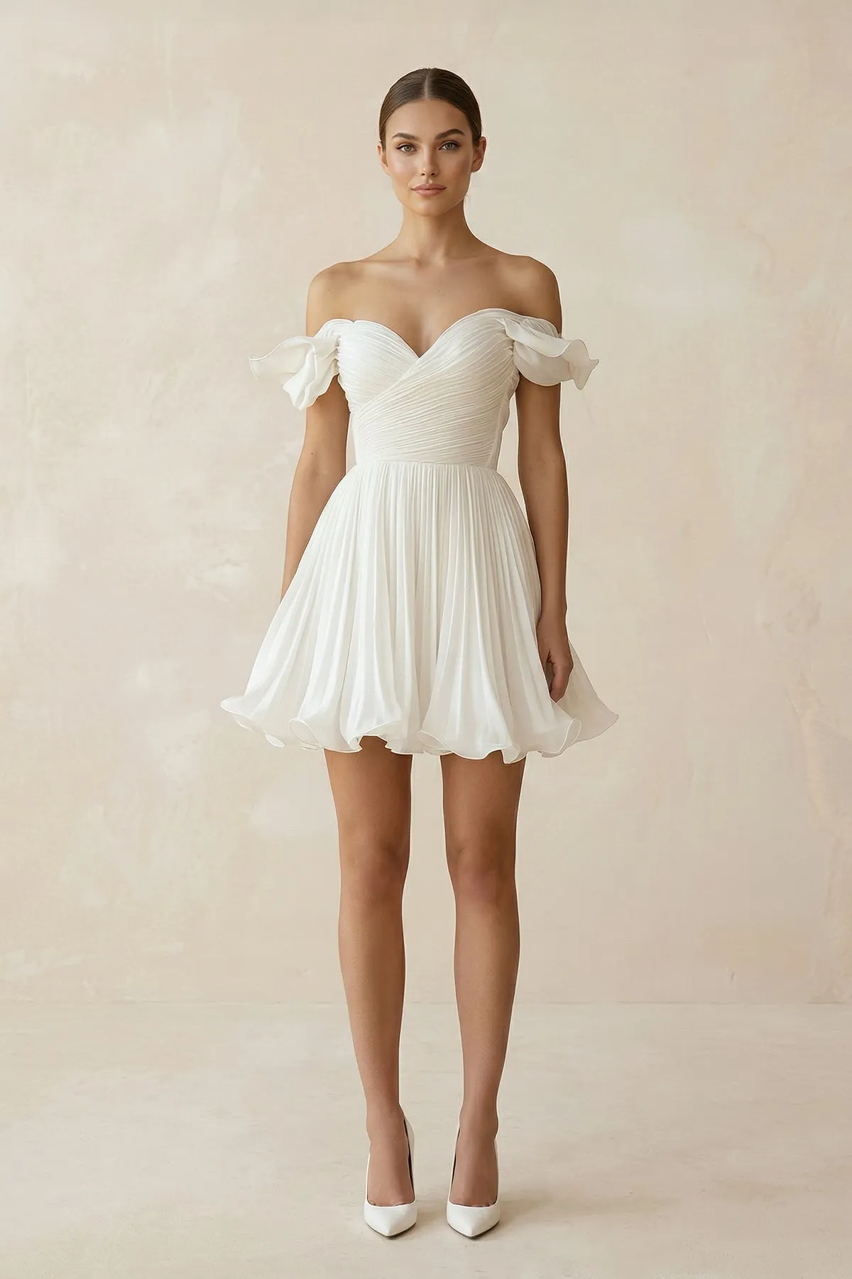 Pleated Ruffled Off-the-Shoulder A-Line Mini Wedding Dress in White sold by KissProm