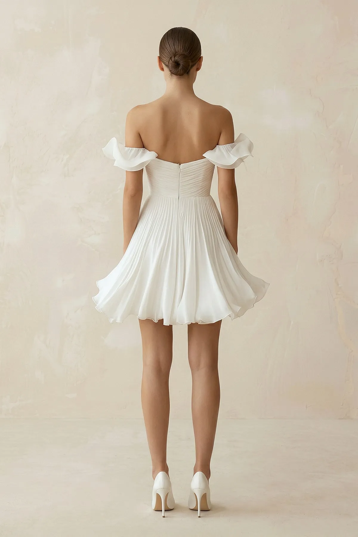 Pleated Ruffled Off-the-Shoulder A-Line Mini Wedding Dress in White sold by KissProm product image thumbnail 2