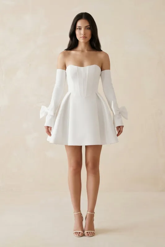 Strapless Satin A-Line Mini Wedding Dress With Sleeves in White made by KissProm