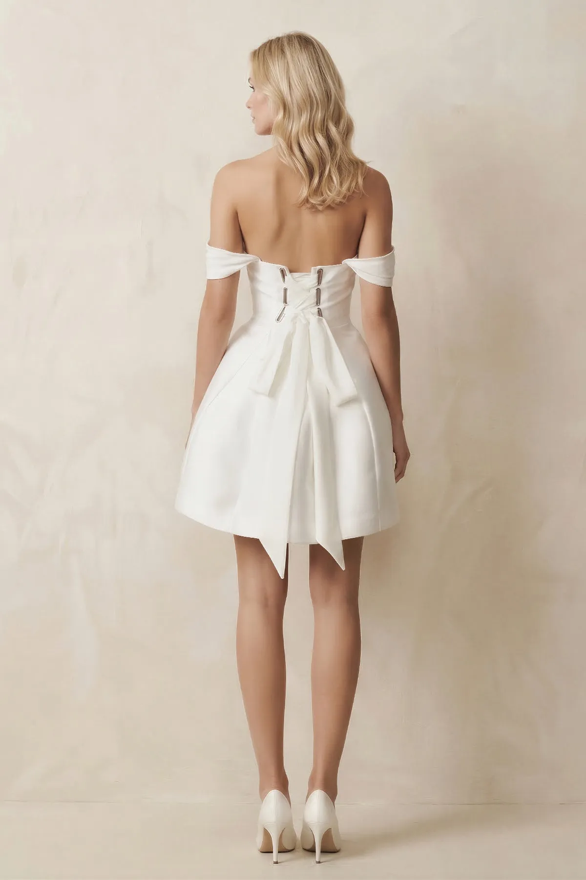 Satin Off-the-Shoulder A-Line Mini Wedding Dress in White sold by KissProm product image thumbnail 2