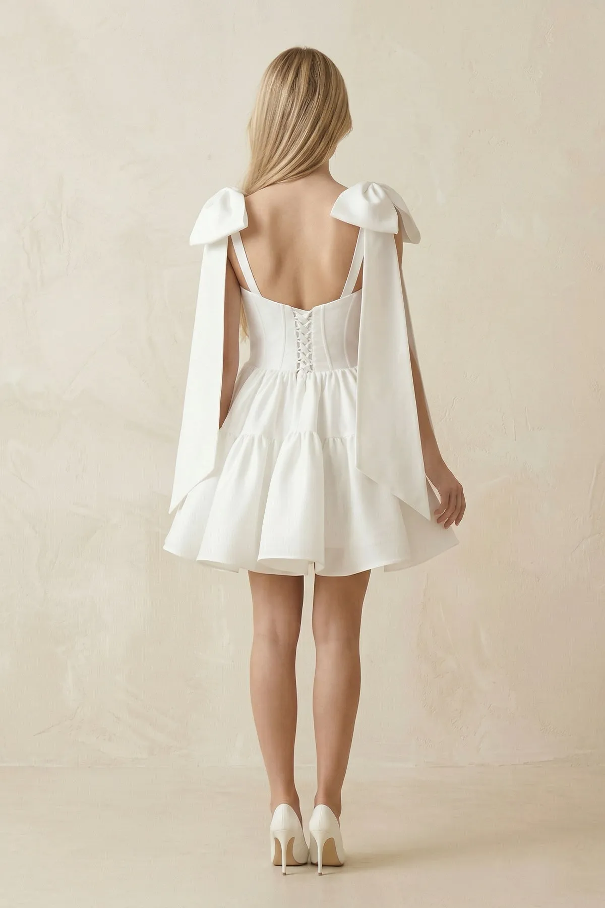 A-Line Satin Corset Mini Wedding Dress With Bow in White sold by KissProm product image thumbnail 2