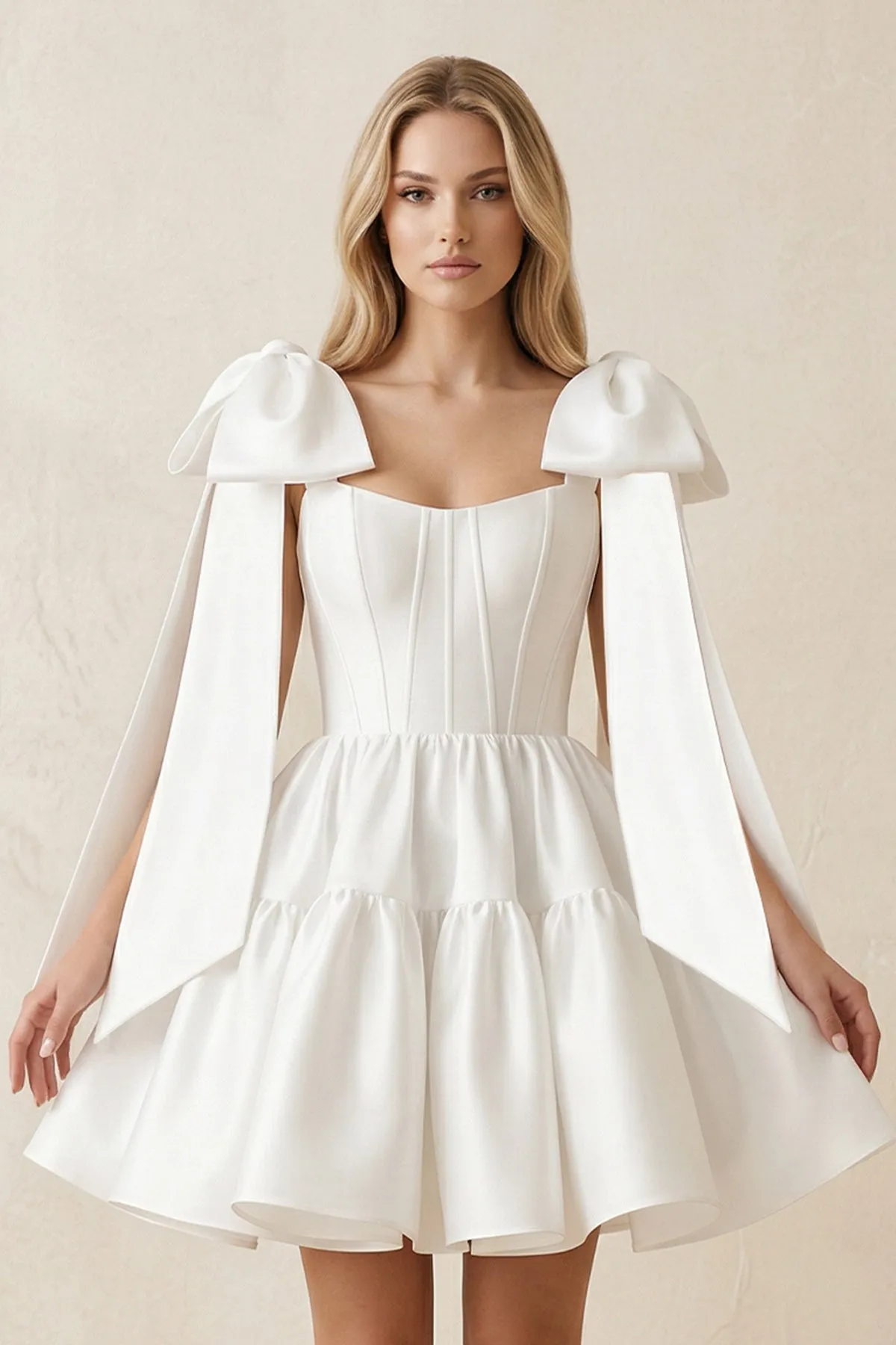 A-Line Satin Corset Mini Wedding Dress With Bow in White sold by KissProm product image thumbnail 3