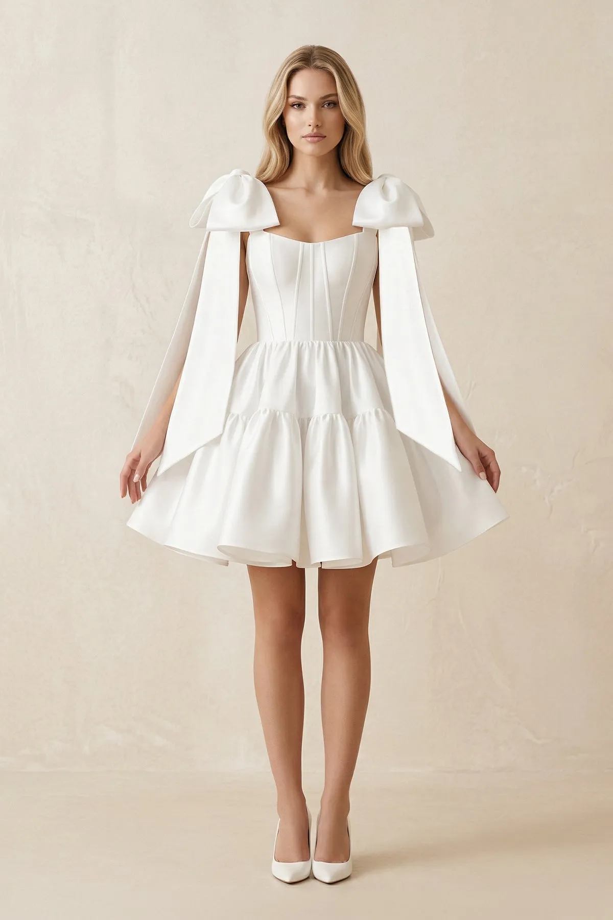 A-Line Satin Corset Mini Wedding Dress With Bow in White sold by KissProm