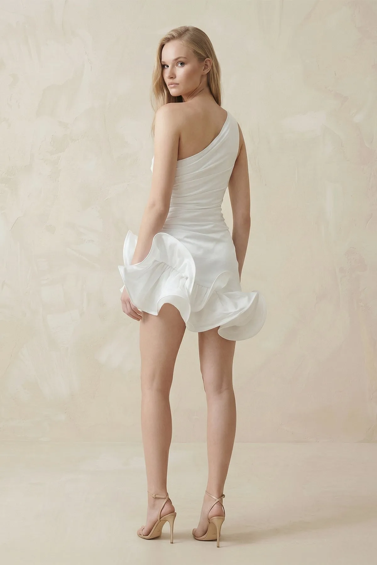 Ruffled One-Shoulder Satin Mini Wedding Dress in White sold by KissProm product image thumbnail 2