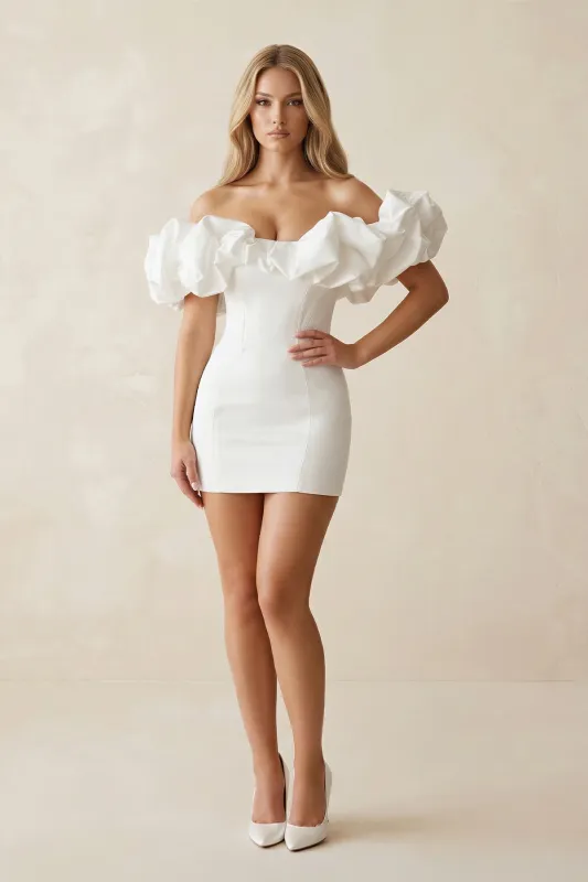 Ruffled Off-the-Shoulder Sheath Satin Wedding Dress in White made by KissProm