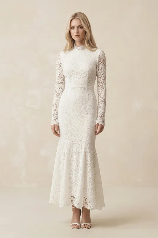 Lace Mermaid High-Neck Midi Wedding Dress With Long Sleeves in Ivory made by KissProm