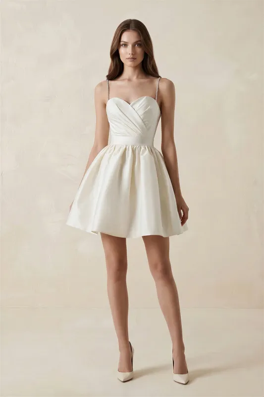 Spaghetti Straps Satin A-Line Ruched Mini Wedding Dress in Ivory made by KissProm