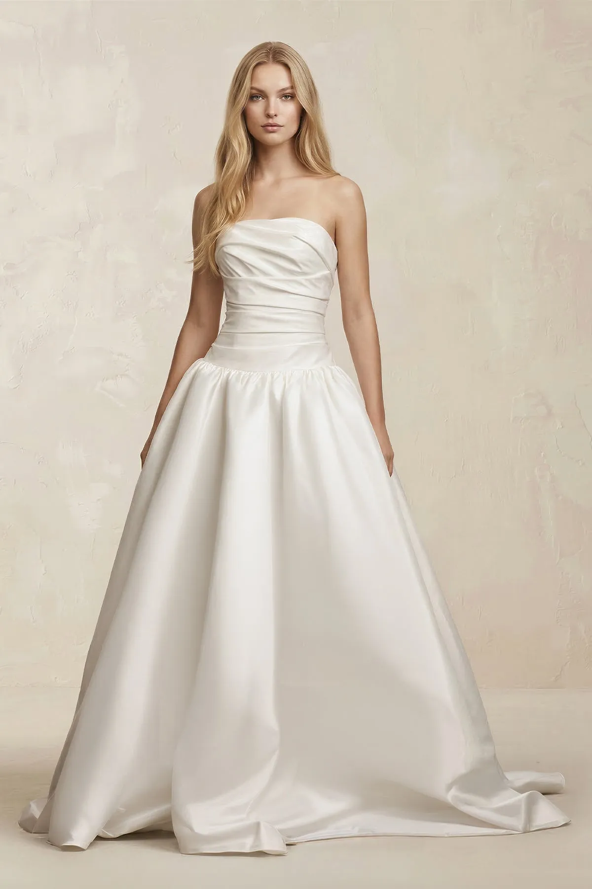 Strapless Satin Ruched A-Line Maxi Wedding Dress in White sold by KissProm