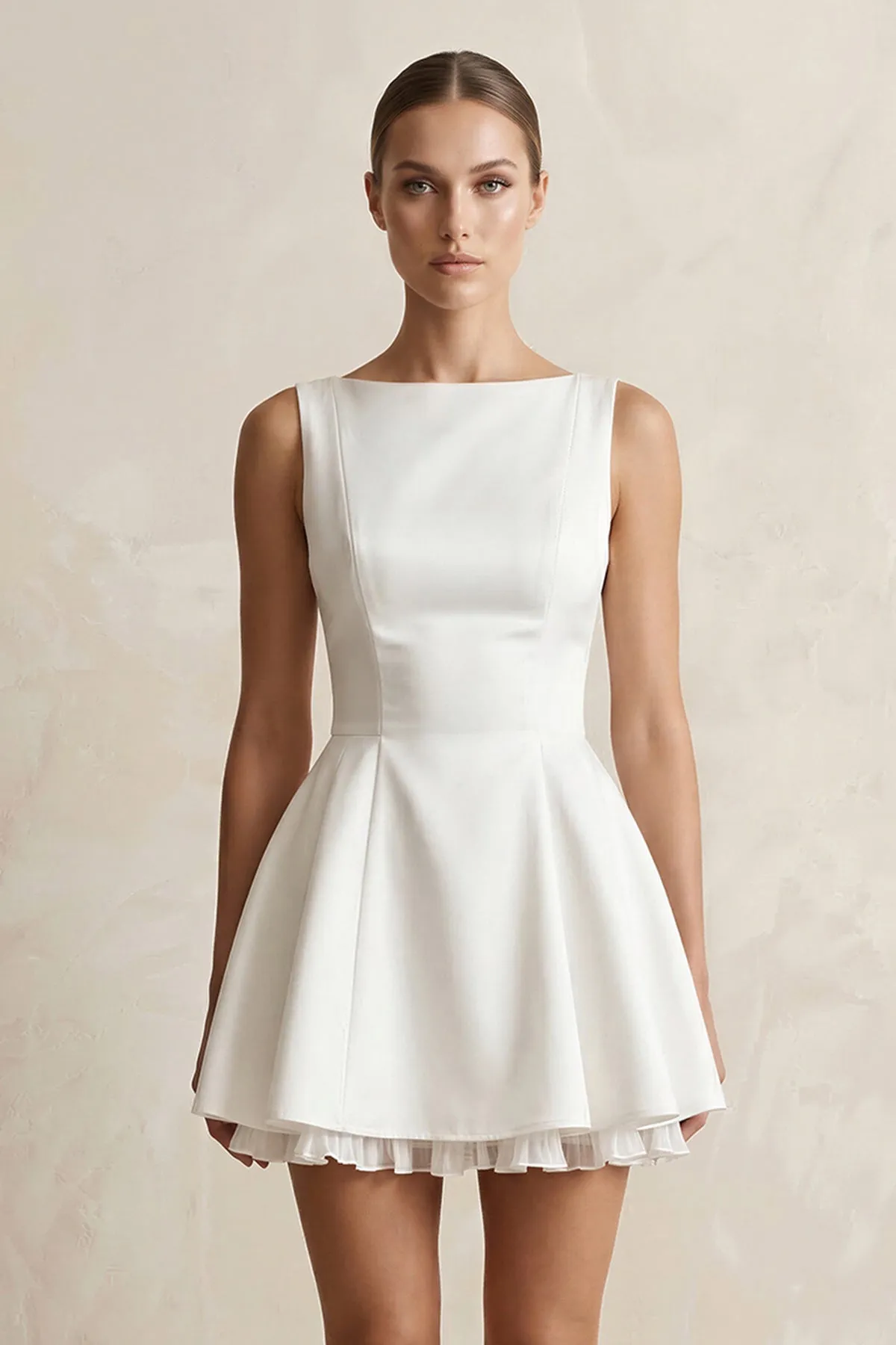 Boat Neck Satin Ruffled Mini Wedding Dress in White sold by KissProm product image thumbnail 3