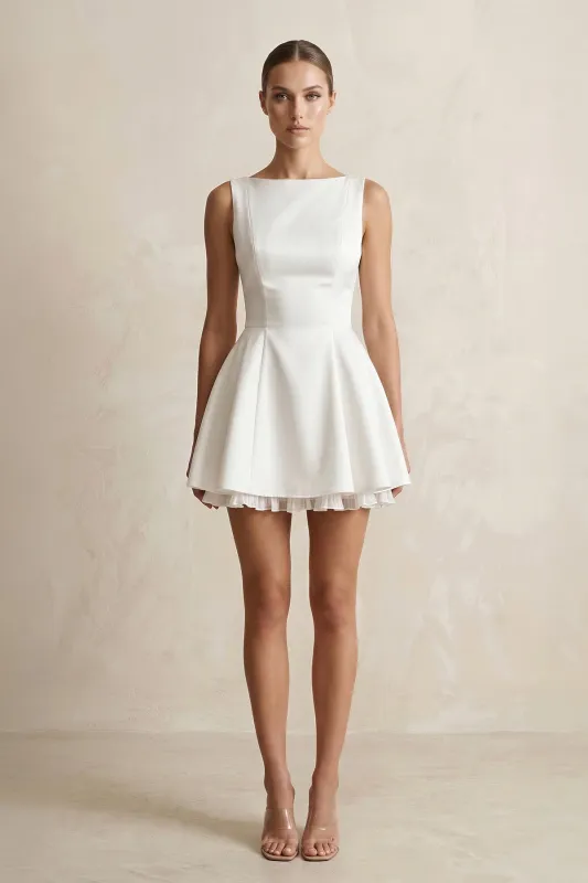 Boat Neck Satin Ruffled Mini Wedding Dress in White made by KissProm