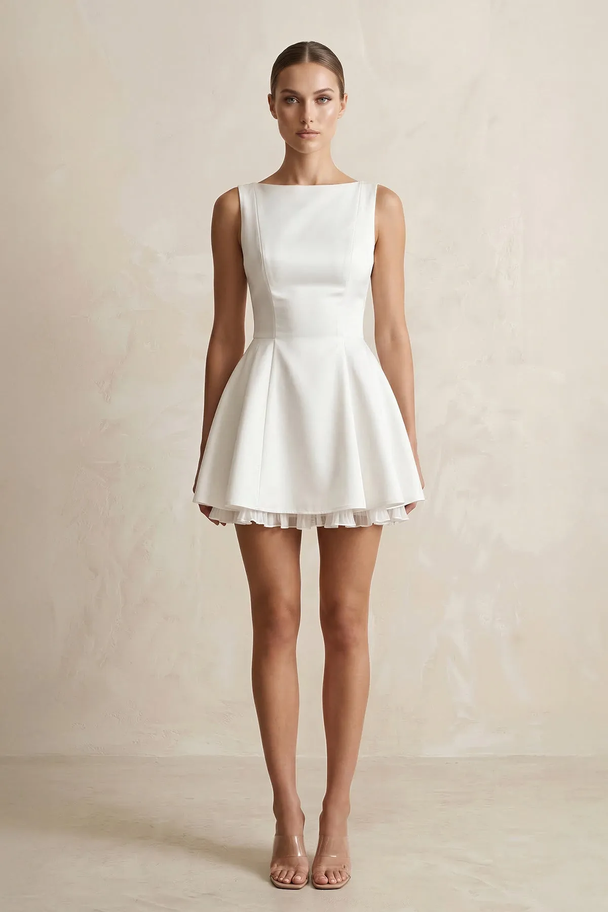 Boat Neck Satin Ruffled Mini Wedding Dress in White sold by KissProm