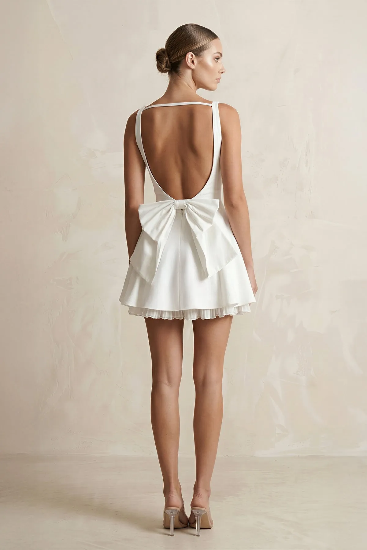 Boat Neck Satin Ruffled Mini Wedding Dress in White sold by KissProm product image thumbnail 2