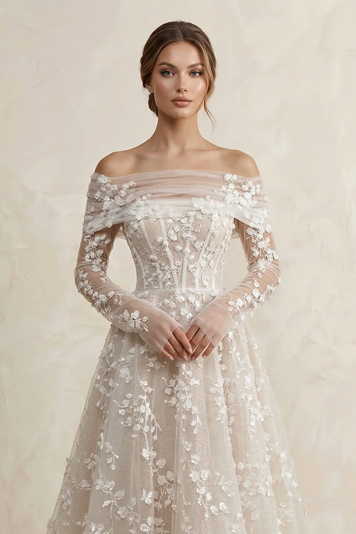 Appliqued Off-the-Shoulder A-Line Corset Midi Wedding Dress in Ivory sold by KissProm product image thumbnail 3