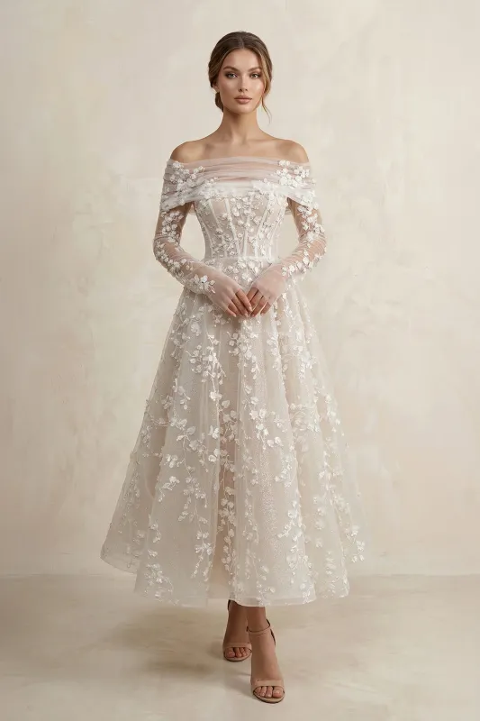 Appliqued Off-the-Shoulder A-Line Corset Midi Wedding Dress in Ivory made by KissProm