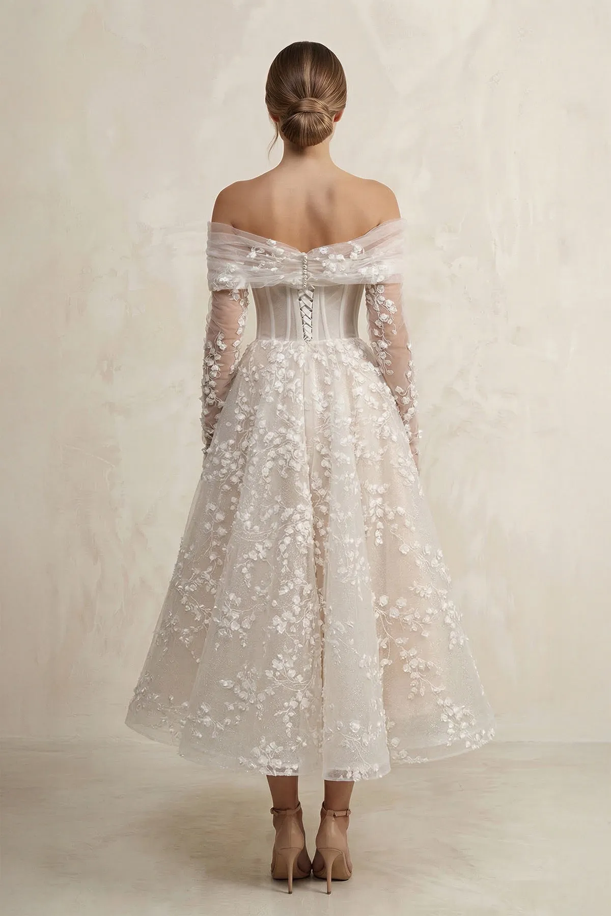 Appliqued Off-the-Shoulder A-Line Corset Midi Wedding Dress in Ivory sold by KissProm product image thumbnail 2