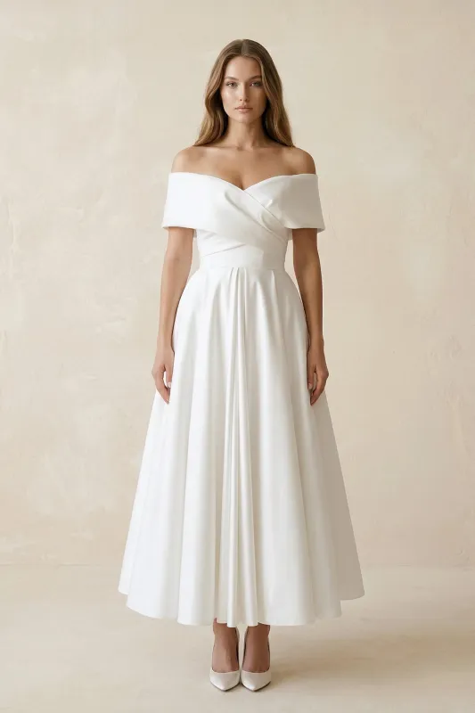 Off-the-Shoulder Satin A-Line Ruhed Wedding Dress in White made by KissProm