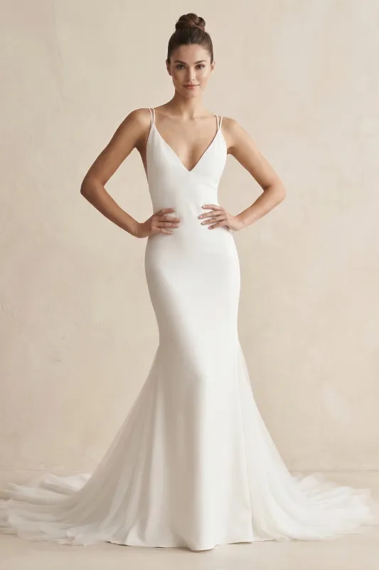 V-Neck Mermaid Satin Ruched Wedding Dress in White made by KissProm