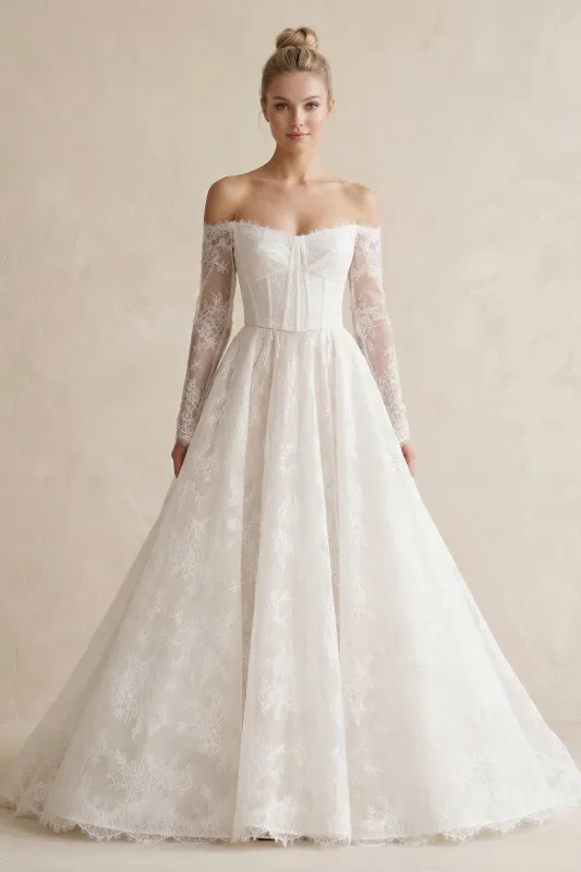 Off-the-Shoulder A-Line Lace Appliqued Wedding Dress in White made by KissProm