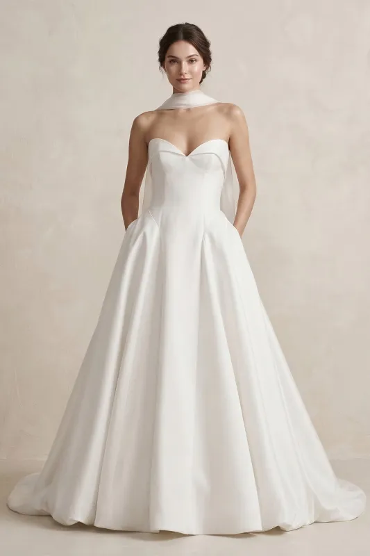 Sweetheart A-Line Satin Ball Gown Wedding Dress in White made by KissProm