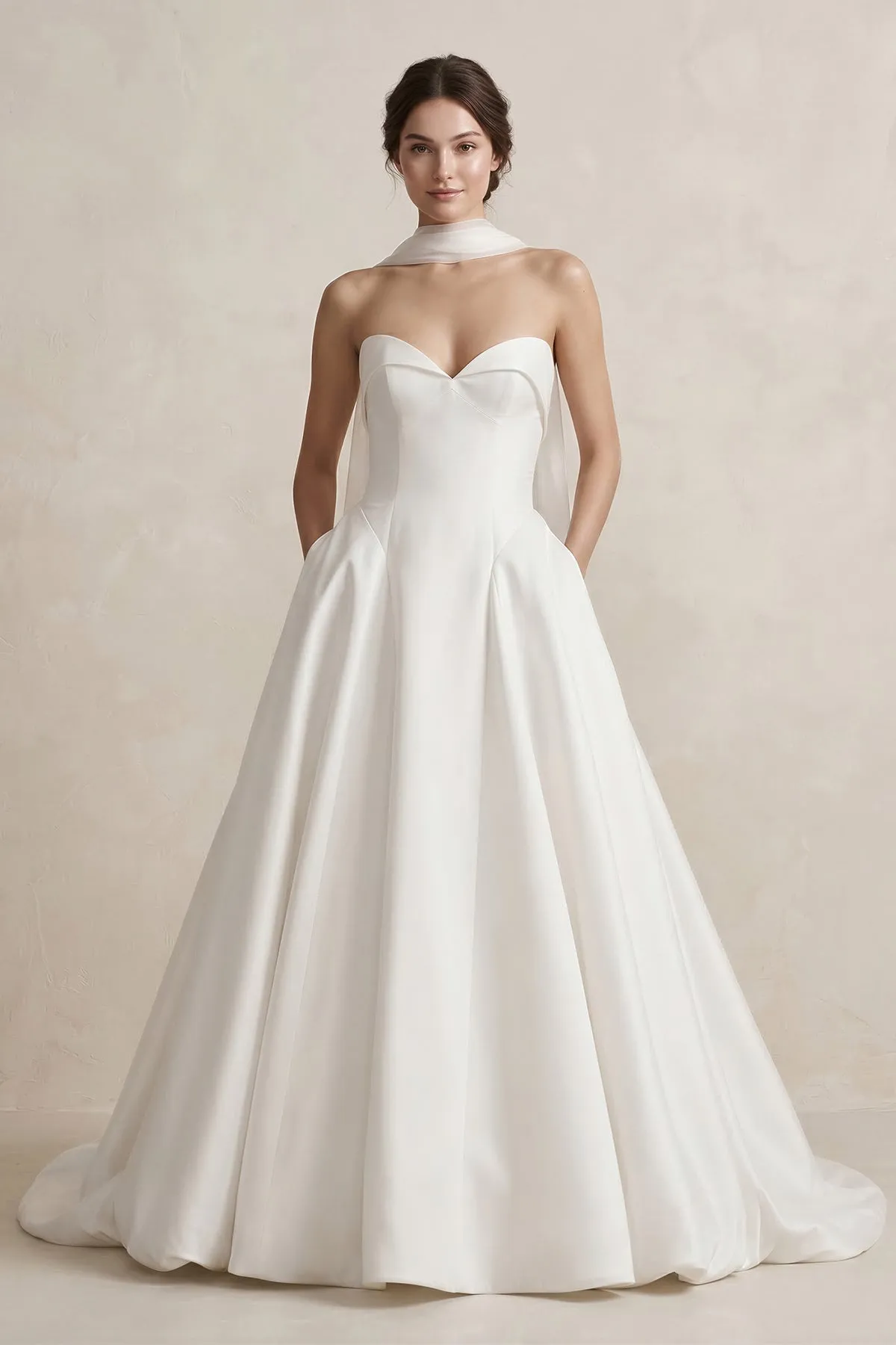 Sweetheart A-Line Satin Ball Gown Wedding Dress in White sold by KissProm