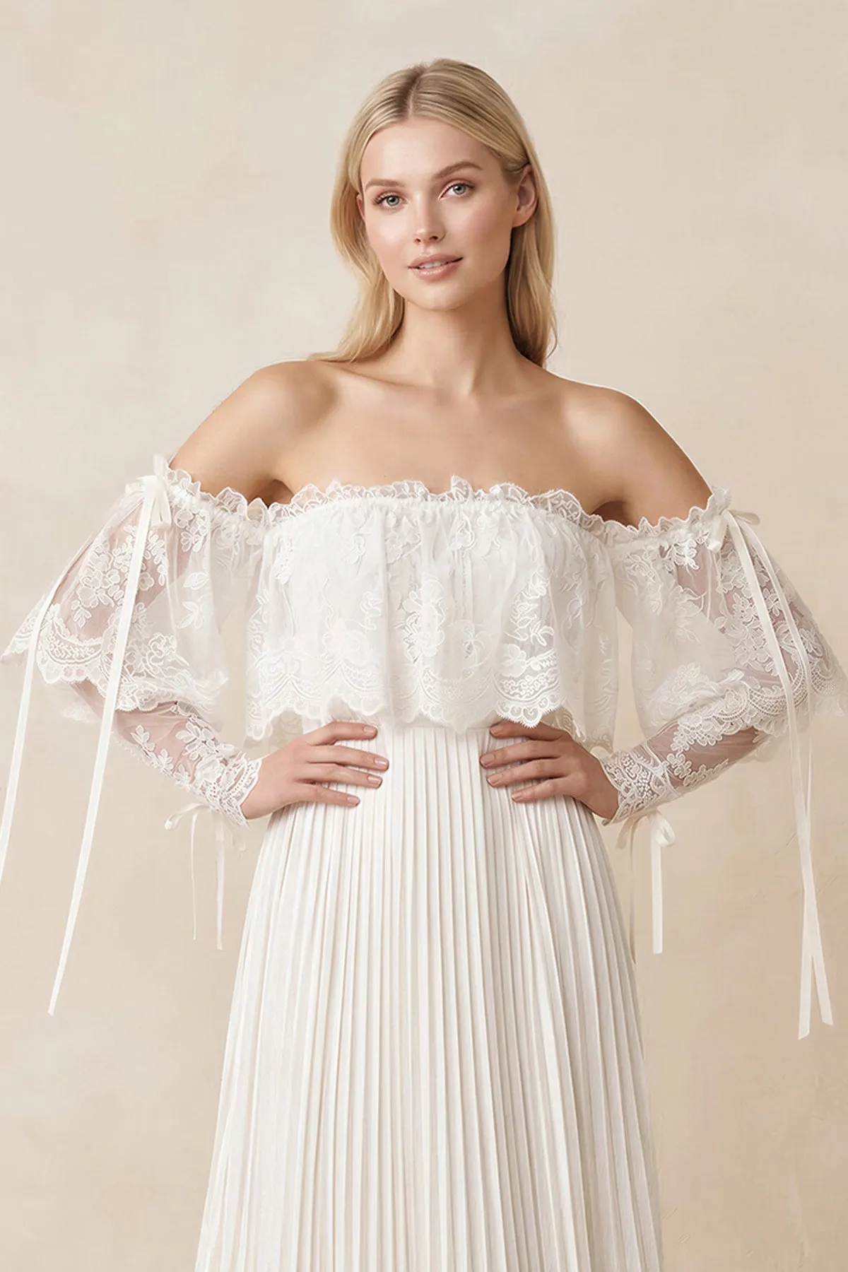 Off-the-Shoulder A-Line Pleated Appliqued Wedding Dress with Bow in Ivory sold by KissProm product image thumbnail 3