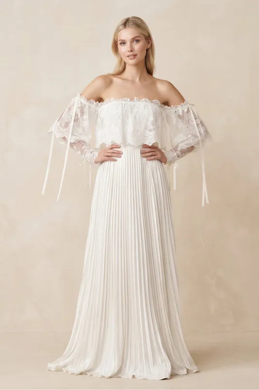 Off-the-Shoulder A-Line Pleated Appliqued Wedding Dress with Bow in Ivory made by KissProm