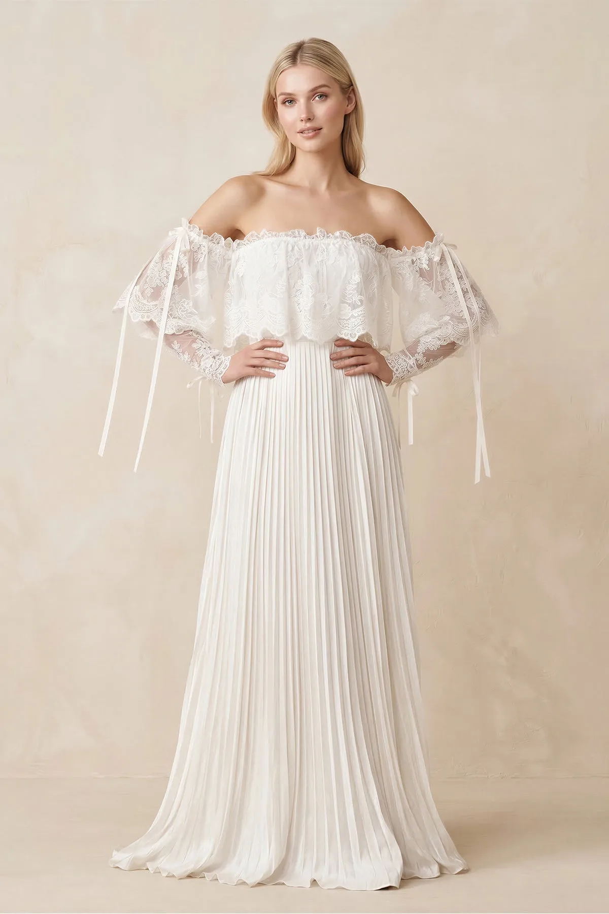 Off-the-Shoulder A-Line Pleated Appliqued Wedding Dress with Bow in Ivory sold by KissProm