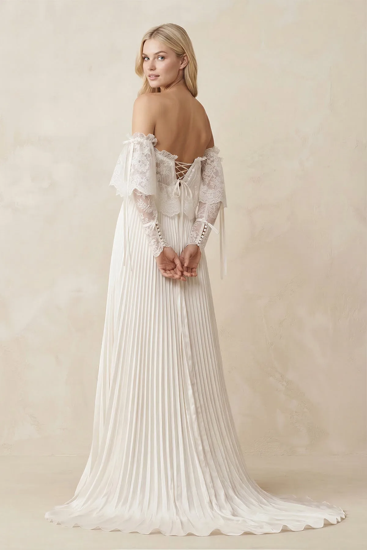 Off-the-Shoulder A-Line Pleated Appliqued Wedding Dress with Bow in Ivory sold by KissProm product image thumbnail 2