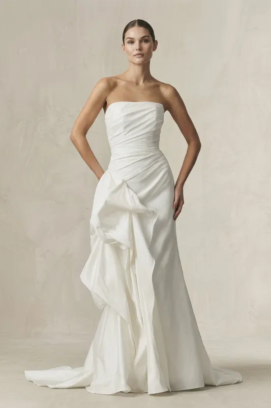 Strapless Ruffled Mermaid Satin Wedding Dress in White made by KissProm