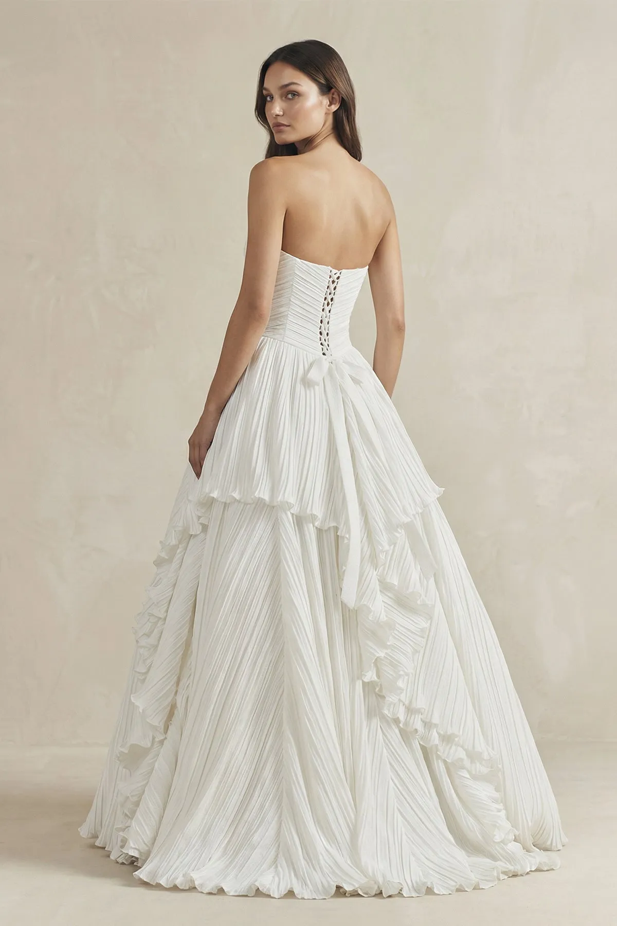 Pleated A-Line Ruffled Strapless Wedding Dress in White sold by KissProm product image thumbnail 2