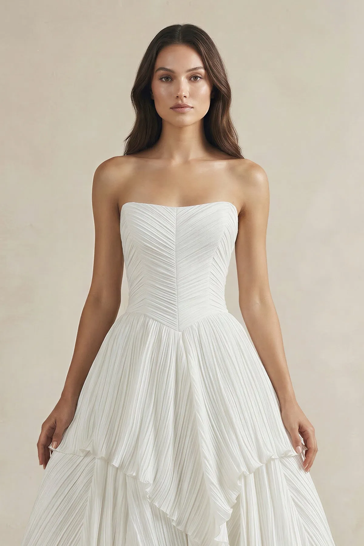Pleated A-Line Ruffled Strapless Wedding Dress in White sold by KissProm product image thumbnail 3