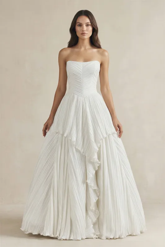 Pleated A-Line Ruffled Strapless Wedding Dress in White made by KissProm