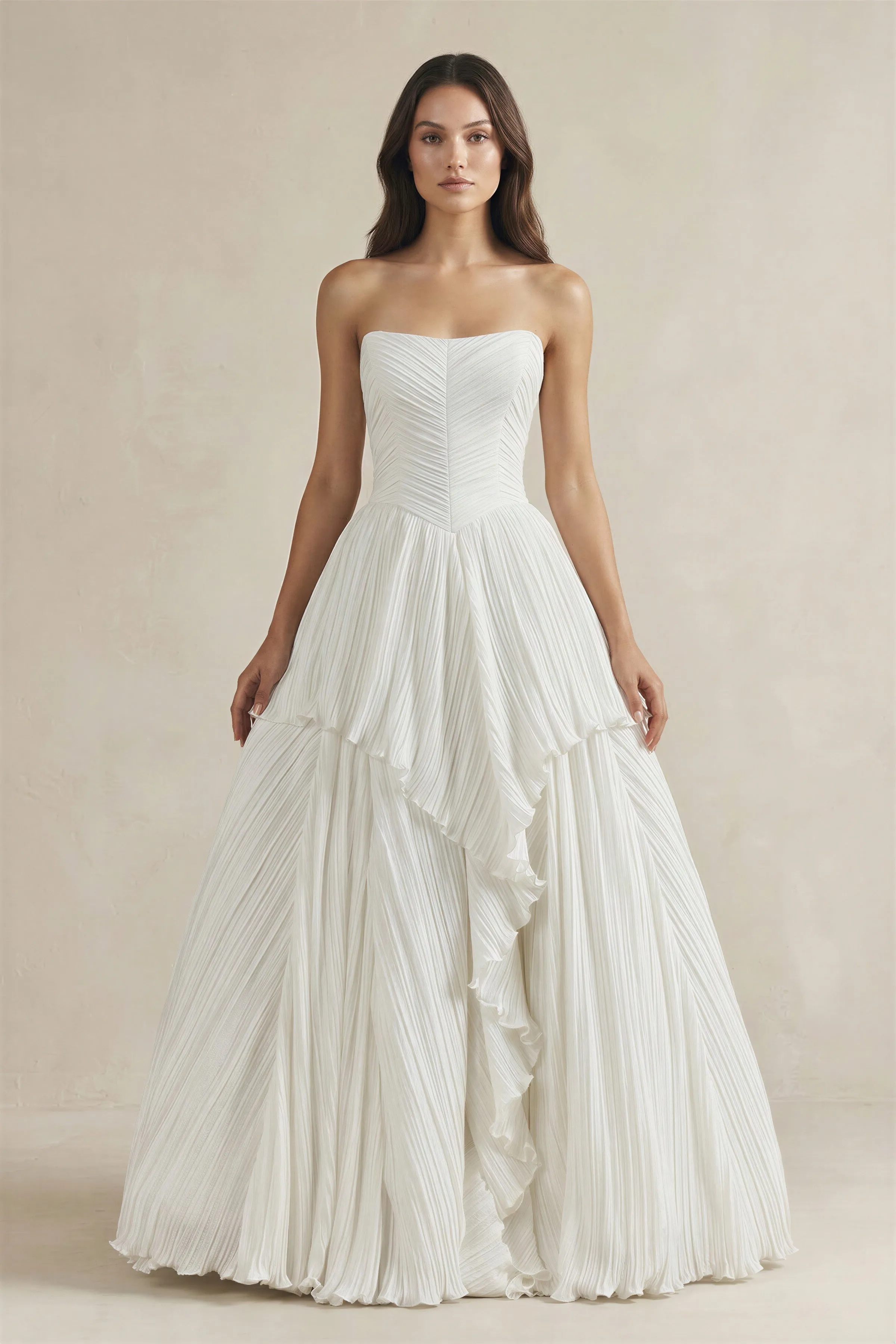Pleated A-Line Ruffled Strapless Wedding Dress in White sold by KissProm