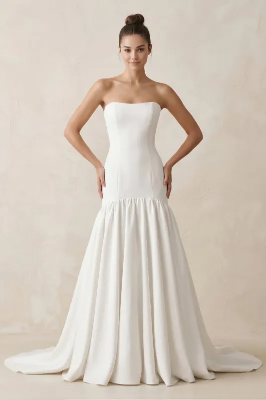 Strapless Satin Ruffled Wedding Dress in White made by KissProm