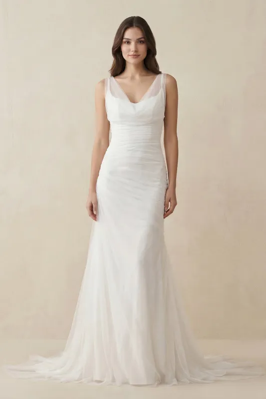 Mermaid Cowl Neck Tulle Wedding Dress in White made by KissProm